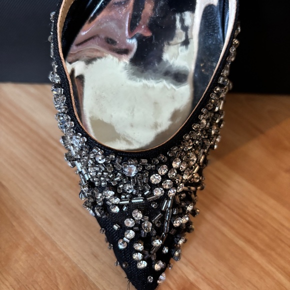 BADGLEY MISCHKA BLACK SATIN RHINESTONE BEADS ANKLE STRAP HEELS LIKE NEW 8 - Picture 3 of 10